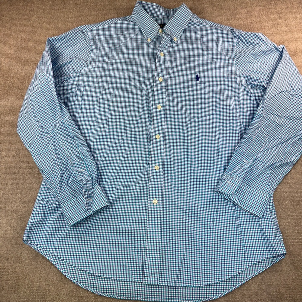 Ralph Lauren Mens Large Blue Teal Gingham Check Button Down Shirt Long Sleeve